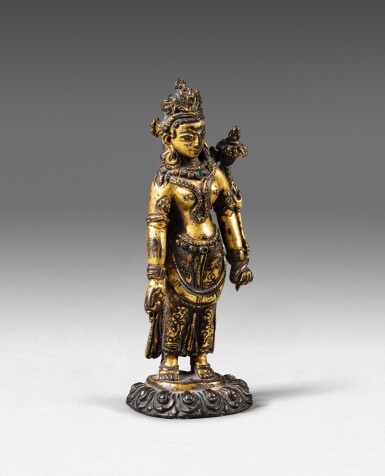 View full screen - View 1 of Lot 123. A gilt-copper alloy figure of Tara Nepal, ca. 15th century | 尼泊爾 約十五世紀 鎏金銅合金度母立像.