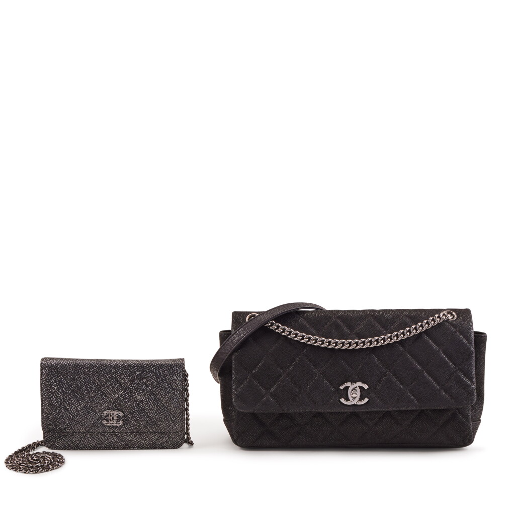View full screen - View 1 of Lot 162. Set of Two: Black Matte Quilted Caviar Leather Medium Lady Pearly Flap Bag Silver Hardware, 2012 and Black Pressed Glitter Quilted Caviar Leather Wallet On Chain, 2014.