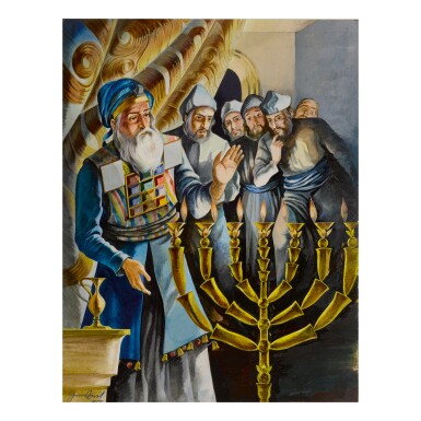 View full screen - View 1 of Lot 305. SIEGMUND FORST | REKINDLING THE MENORAH: AN ORIGINAL ILLUSTRATION FOR SAADYAH MAXIMON'S THE BOOK OF HANUKKAH.