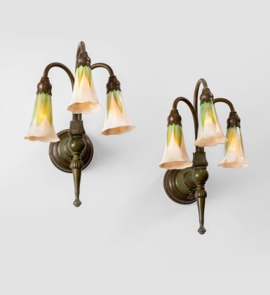 View full screen - View 1 of Lot 413. Pair of Three-Light Decorated "Lily" Wall Sconces.