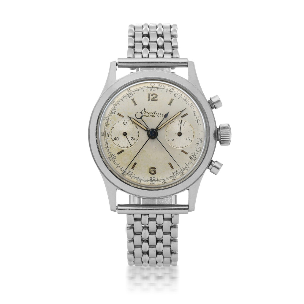 View full screen - View 1 of Lot 59. Duograph, Ref. 764 Stainless steel split-seconds chronograph wristwatch with Gay Frères bracelet Circa 1950.