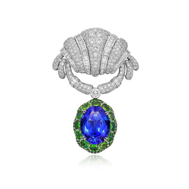 View full screen - View 1 of Lot 2704. Tanzanite, Green Garnet and Diamond Brooch | 坦桑石 配 石榴石 及 鑽石 胸針.