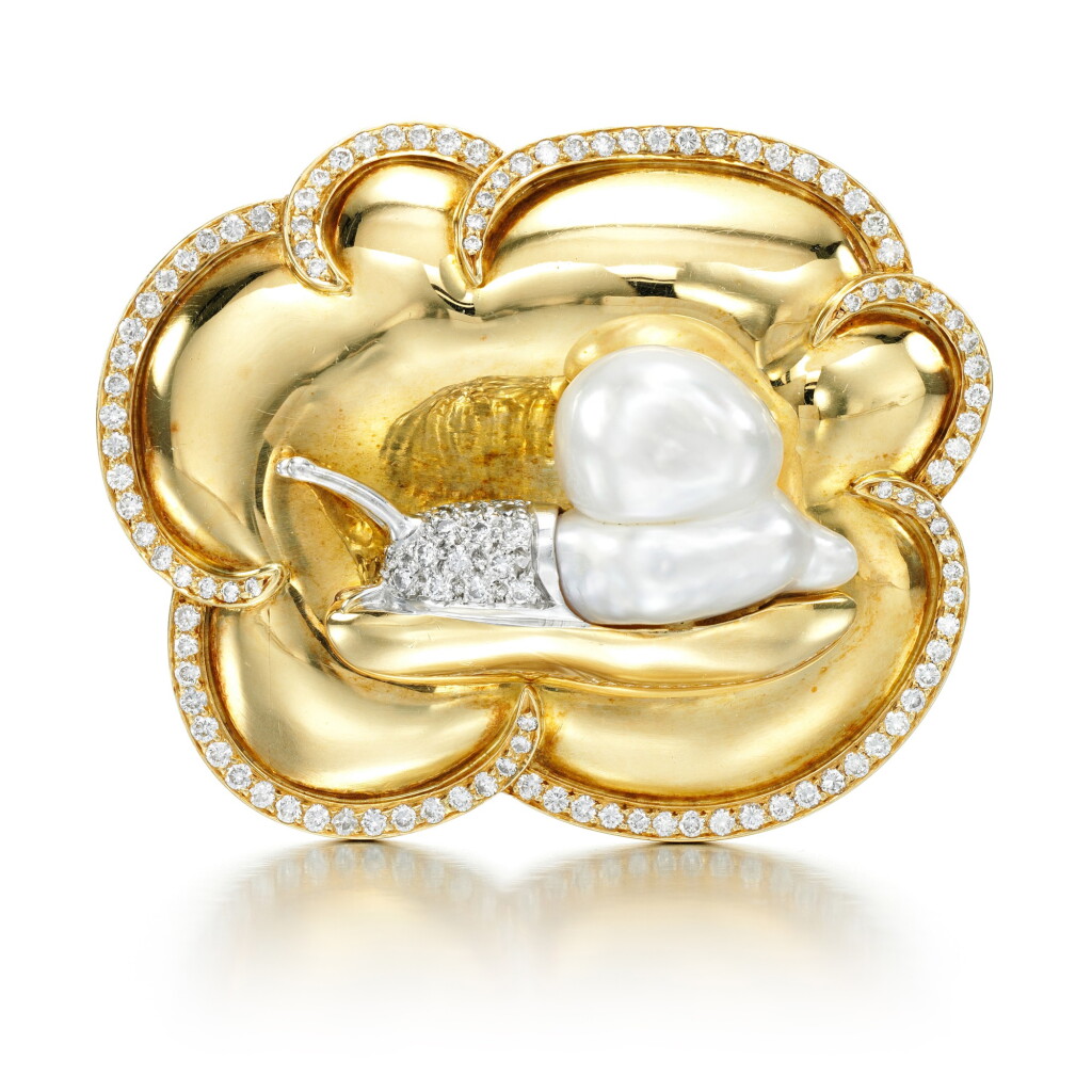 View full screen - View 1 of Lot 235. GEOFF ROWLANDSON | CULTURED PEARL AND DIAMOND BROOCH, 'SNAIL'S PACE'.