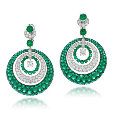 View full screen - View 1 of Lot 79. GRAFF | PAIR OF EMERALD AND DIAMOND EARRINGS, 'BOMBÉ'.
