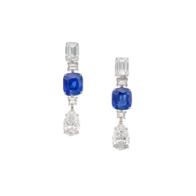 View full screen - View 1 of Lot 501. A Superb Pair of Sapphire and Diamond Pendant-Earclips | 藍寶石配鑽石耳墜.