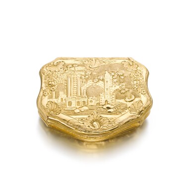View full screen - View 1 of Lot 1. A chased gold snuff box, probably German or Dutch, circa 1740,.