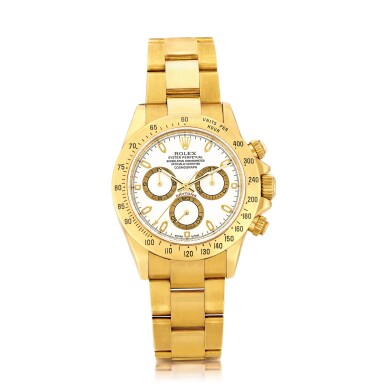 View full screen - View 1 of Lot 2150. Rolex | Cosmograph Daytona, Reference 116528, A yellow gold chronograph wristwatch with bracelet, Circa 2000 | 勞力士 | Cosmograph Daytona 型號116528 黃金計時鏈帶腕錶,約2000年製.