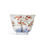 A wucai 'month' cup, Mark and period of Kangxi | 清康熙 五彩桃花花神杯 《大清康熙年製》款