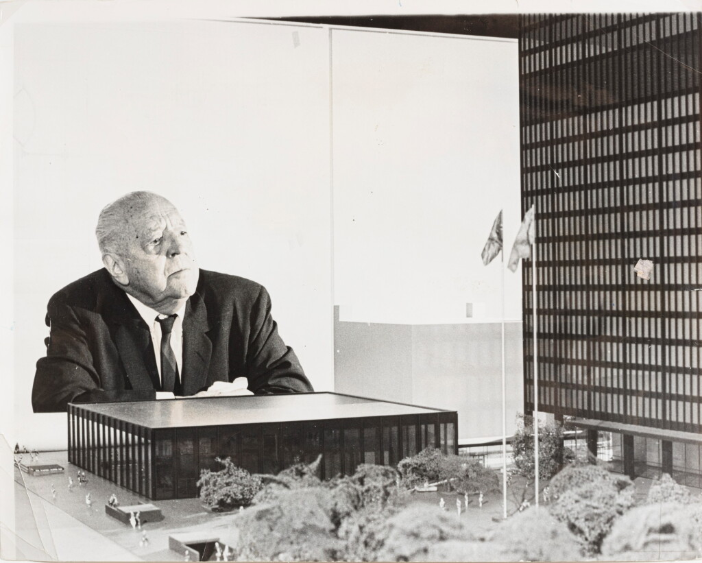 View full screen - View 1 of Lot 49. Mies van der Rohe shown with model of Toronto Dominion Centre, 1966.