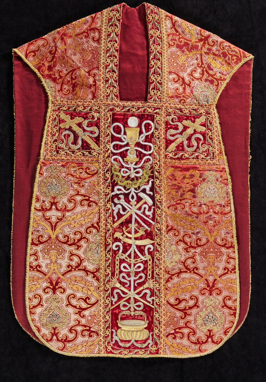 View full screen - View 1 of Lot 255. A satin gold brocade and metal thread embroidered cerise and gold chasuble, Spanish, 16th century.