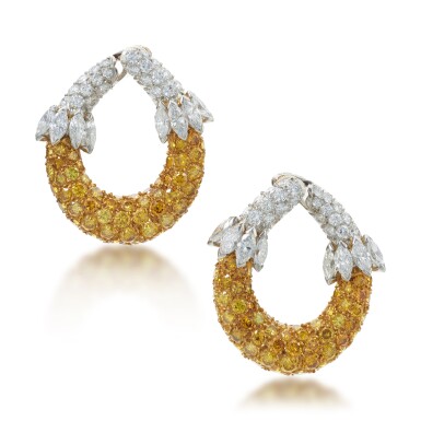View full screen - View 1 of Lot 503. Pair of Coloured Diamond and Diamond Earclips.