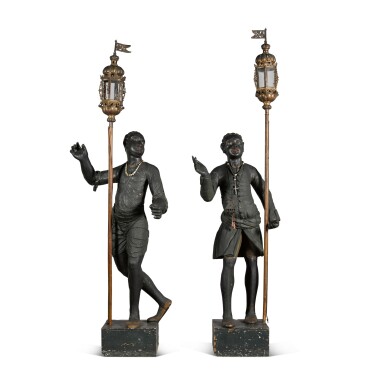 View full screen - View 1 of Lot 85. A pair of Italian near-lifesize polychrome decorated figural standard bearers, Venice, 18th century.
