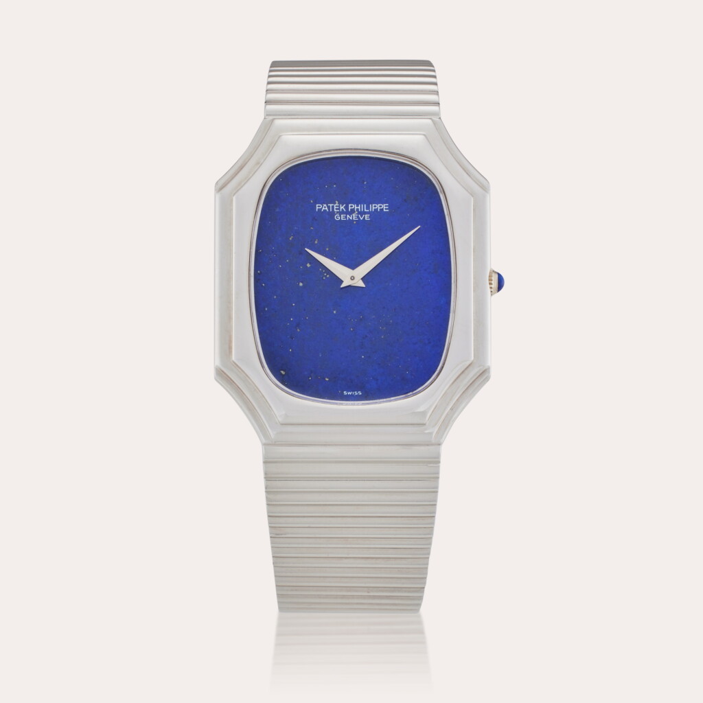 View full screen - View 1 of Lot 472. Reference 3729/1 Ellipse | A white gold bracelet watch with lapis lazuli dial, Circa 1980.