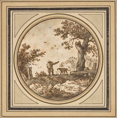 View full screen - View 1 of Lot 124. Man and dog in landscape.