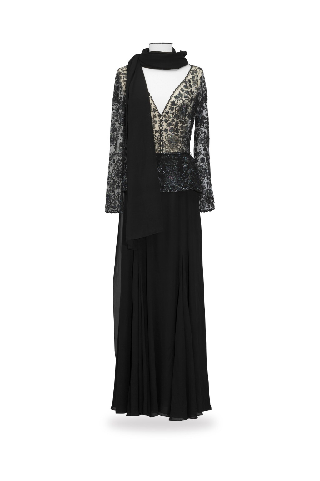View full screen - View 1 of Lot 122. Balestra, Haute Couture, circa 1974, Dress with embroidered tulle bodice and crepe skirt | Robe longue en tulle brodé et à jupe en crêpe.