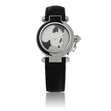 View full screen - View 1 of Lot 659. CARTIER | PASHA DE CARTIER, LIMITED EDITION WHITE GOLD AND DIAMOND-SET WRISTWATCH WITH 'PANDA' CLOISONNE ENAMEL DIAL CIRCA 2006.