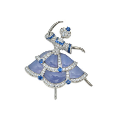 View full screen - View 1 of Lot 75. Chalcedony, Sapphire and Diamond 'Ballerina' Clip-Brooch.