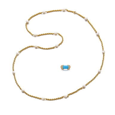 View full screen - View 1 of Lot 1838. Cultured Pearl Necklace and Turquoise and Diamond Ring | 梵克雅寶 | 養殖珍珠 項鍊 及 綠松石 配 鑽石 戒指.