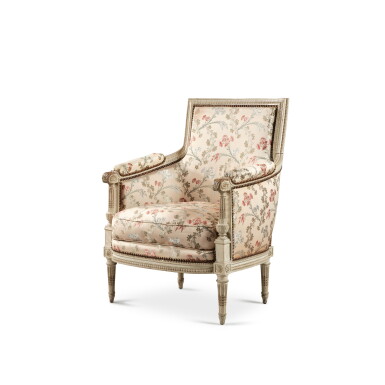 View full screen - View 1 of Lot 21. A Louis XVI royal lacquered wood bergère, delivered by Jean-Baptiste Claude Sené for Madame Elisabeth at the Tuileries castle, circa 1791.