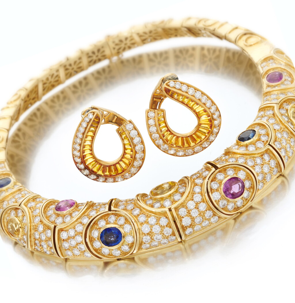 View full screen - View 1 of Lot 103. Multicolored sapphire and diamond choker and pair of citrine and diamond earrings (Girocollo con zaffiri multicolore e diamanti e paio di orecchini con quarzi citrini e diamanti).