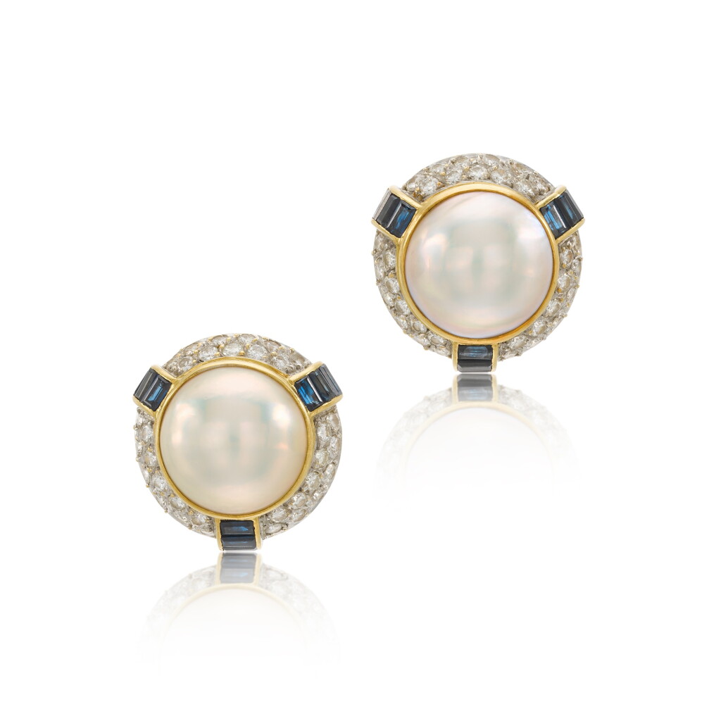 View full screen - View 1 of Lot 56. Mabé Cultured Pearl, Sapphire and Diamond Earrings.