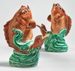 A RARE PAIR OF JAPANESE CARP-FORM VASES, EDO PERIOD, 18TH CENTURY, DECORATED LATER