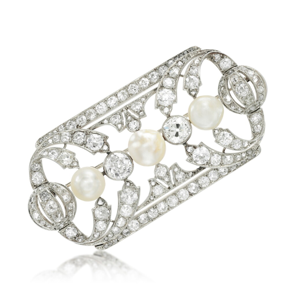View full screen - View 1 of Lot 76. Natural pearl and diamond brooch, 1930s.