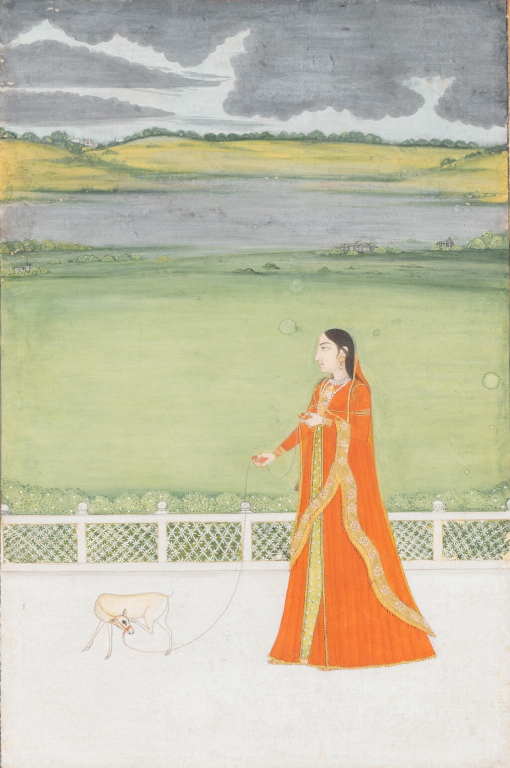 View full screen - View 1 of Lot 335. A young lady walking with a deer, India, Provincial Mughal, late 18th century.