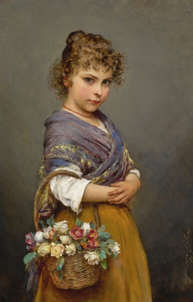 View full screen - View 1 of Lot 782. Eugen von Blaas | YOUNG GIRL WITH A BASKET OF FLOWERS.