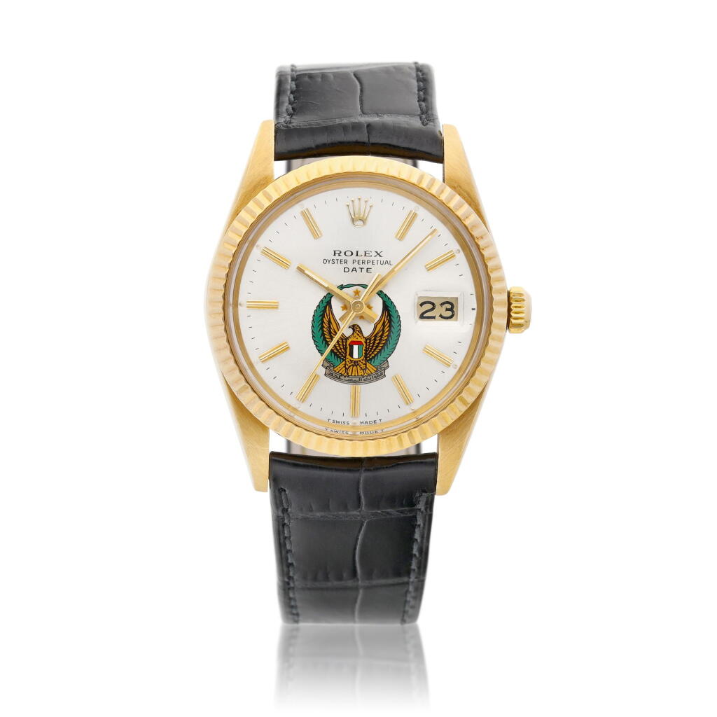 View full screen - View 1 of Lot 2183. Oyster Perpetual Date, Reference 15038 | A yellow gold wristwatch with date and UAE Coat of Arms dial, Circa 1987 | 勞力士 | Oyster Perpetual Date 型號15038 | 黃金腕錶,備日期顯示及UAE Coat of Arms錶盤,約1987年製.