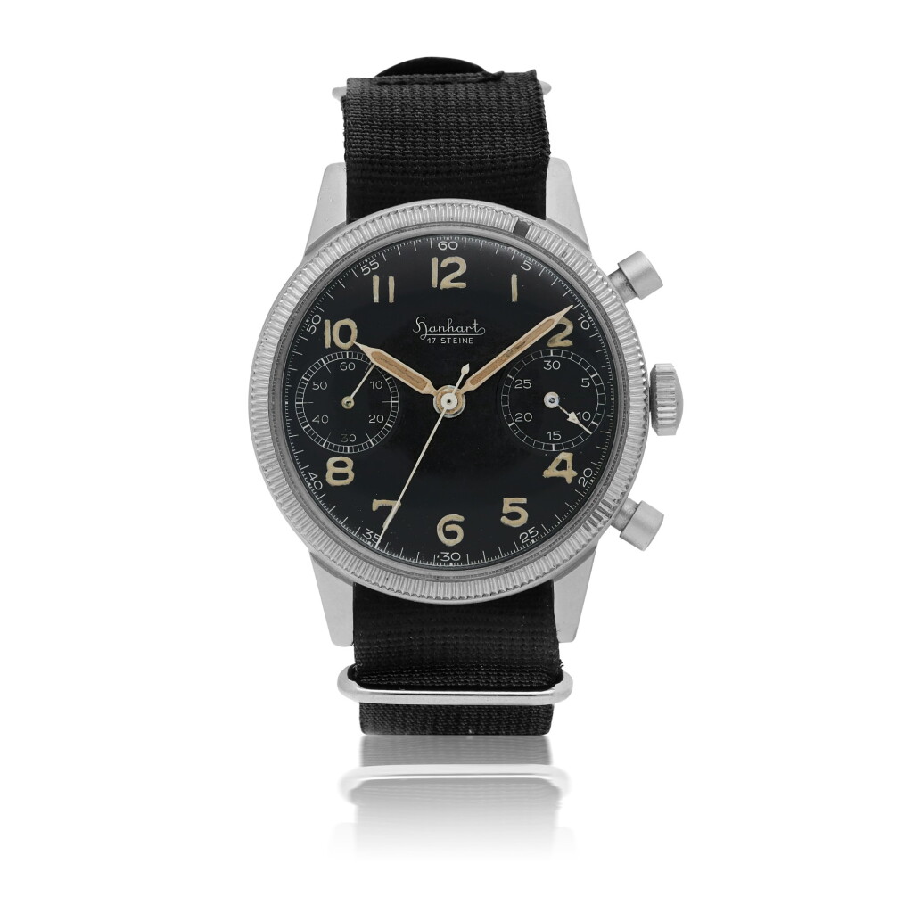 View full screen - View 1 of Lot 24. HANHART | 'FLIEGER', REF 417 MILITARY NICKEL-PLATED BRASS FLYBACK CHRONOGRAPH WRISTWATCH CIRCA 1955.