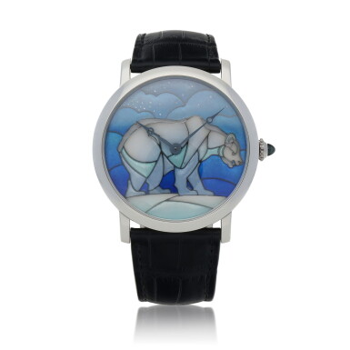 View full screen - View 1 of Lot 466. 'Ours Polaire' Rotonde de Cartier, Ref. 3448 Limited edition white gold wristwatch with plique-à-jour paillonné enamel dial Circa 2011 | 卡地亞 3448型號「'Ours Polaire' Rotonde de Cartier」限量版白金腕錶配鏤空琺瑯錶盤,年份約2011.