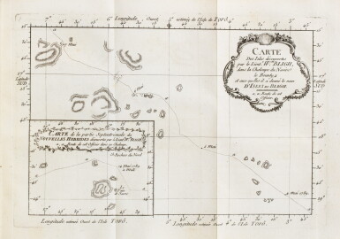 View full screen - View 1 of Lot 18. BLIGH. Relation de l'enlèvement du navire Le Bounty. 1790. Demi-basane de l'époque. Ed. originale française..