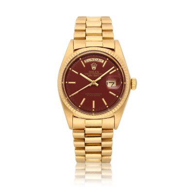 View full screen - View 1 of Lot 10. Stella Dial Day-Date, Ref. 1803 A pink gold wristwatch with day, date, brown tobacco lacquered stella dial and bracelet Circa 1974.