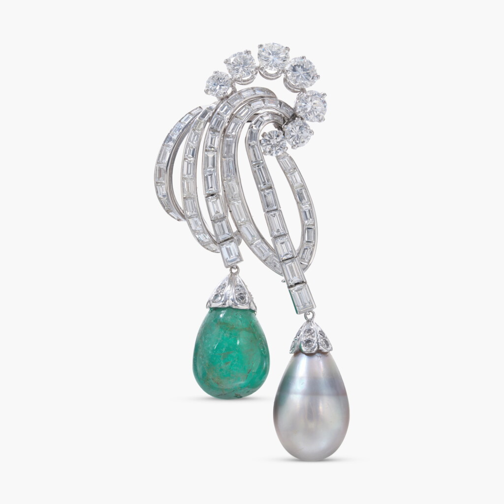 View full screen - View 1 of Lot 688. Natural Pearl, Emerald and Diamond Brooch.