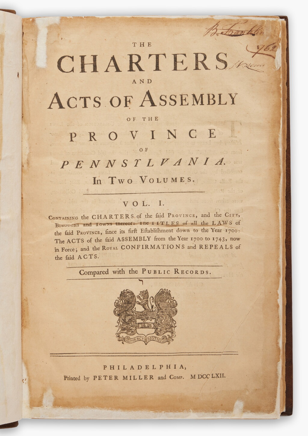 View full screen - View 1 of Lot 88. Pennsylvania | Franklin’s copy of The Charters and Acts of Assembly.