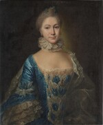 Portrait of a lady, half-length, in a blue and white dress and lace collar