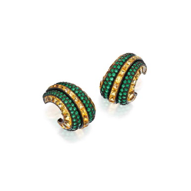 View full screen - View 1 of Lot 210. Pair of Yellow Sapphire and Emerald Earclips.