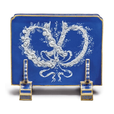 View full screen - View 1 of Lot 248. A MINTONS PÂTE-SUR-PÂTE PEACOCK-BLUE-GROUND COMMEMORATIVE PAPERWEIGHT 1878.