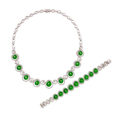 View full screen - View 1 of Lot 217. Set of Jadeite 'Huaigu' and Diamond Jewellery | 天然翡翠雕「懷古」 配 鑽石 項鍊 及 手鏈 套裝.