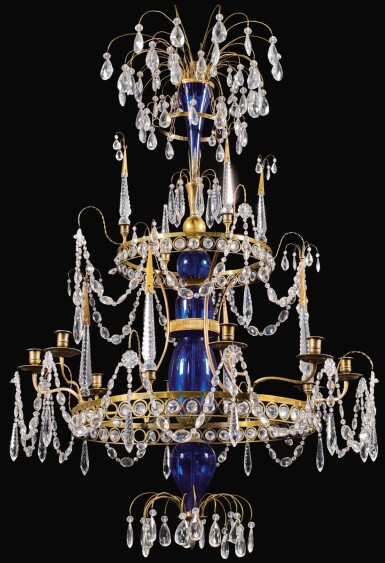 View full screen - View 1 of Lot 163. A RUSSIAN CUT-GLASS AND BRASS CHANDELIER 19TH CENTURY.
