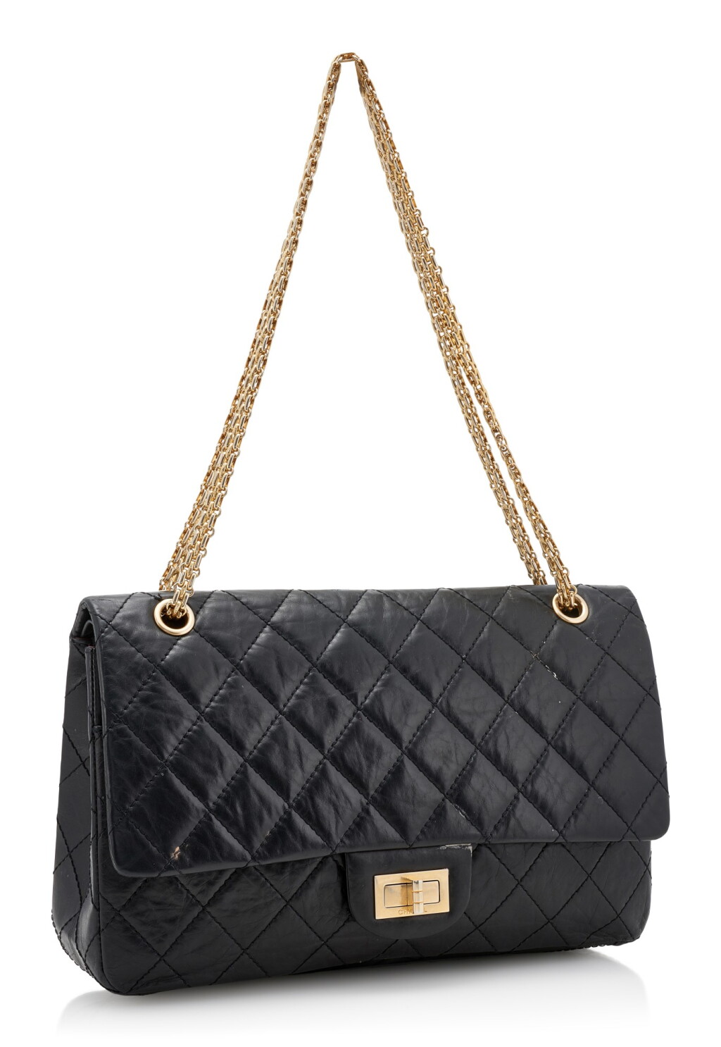 View full screen - View 1 of Lot 166. CHANEL | BLACK CRINKLED LEATHER AND GOLD-TONE METAL 2.55 REISSUE SHOULDER BAG.