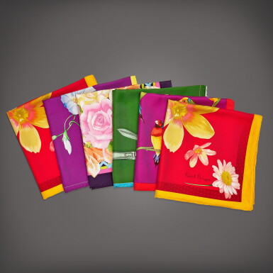 View full screen - View 1 of Lot 832. A set of six silk scarves, Circa 2015 to 2019 | 百達翡麗 | 六張絲巾,約2015到2019年製.