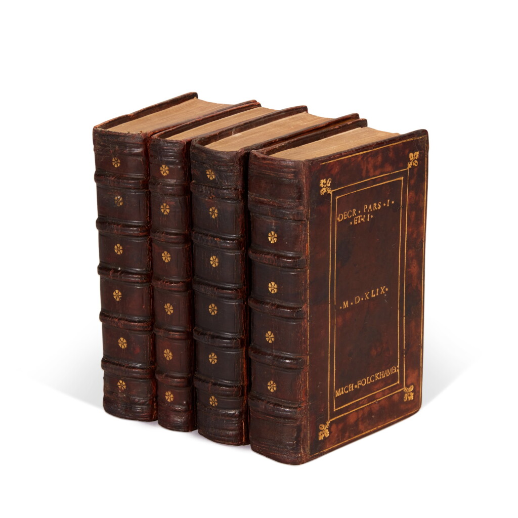 View full screen - View 1 of Lot 1109. Gratianus, Decretorum collectanea, Paris, 1547, 4 volumes, contemporary Parisian dark brown calf gilt, Michael Folckamer copy.