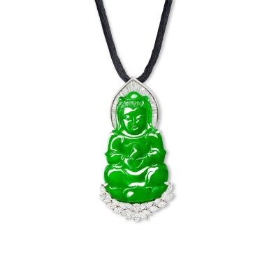 View full screen - View 1 of Lot 216. Jadeite 'Guan Yin' and Diamond Pendant | 天然翡翠雕「觀音」配 鑽石 掛墜.