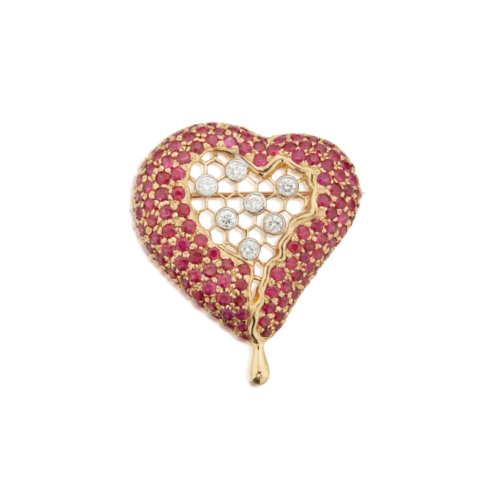 View full screen - View 1 of Lot 462. Henryk Kaston for Salvador Dalí | Ruby and Diamond 'Honeycomb Heart' Brooch.