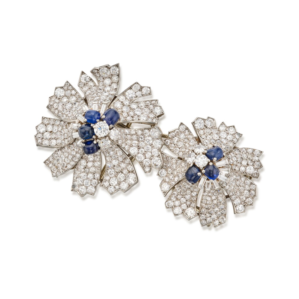 View full screen - View 1 of Lot 43. Diamond and Sapphire Double Clip-Brooch.