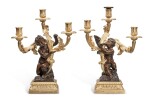 A Pair of Restauration Gilt and Patinated Bronze Three-Branch Candelabra, Circa 1820