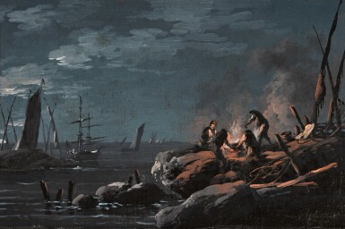 View full screen - View 1 of Lot 359. Figures by a campfire on a rocky shore.