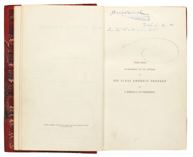 View full screen - View 1 of Lot 200. Dickens, Our Mutual Friend, 1865, first book edition, presentation copy inscribed to Kent.